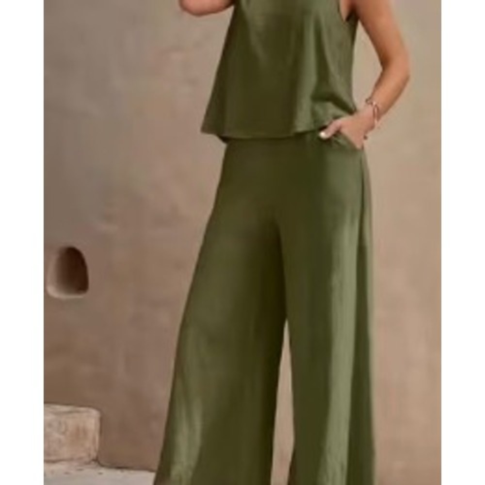 Women's Sage Wide Leg Pant Sleeveless Top 2 Pc Set Boho Work Resort Chic Beach M - Picture 2 of 10